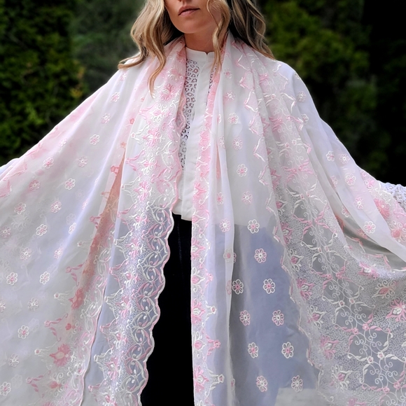 The Charlotte Evening Shawl Embroidered Lace Scarf Wrap Pink White Large Long - Picture 12 of 14